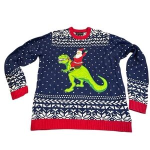 Blizzard Bay Santa Riding t rex Dinosaur Christmas Sweater men’s  M or XL‎ NWOT